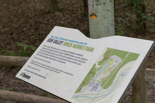 City of Toronto Welcome sign at entrance to Don Valley Brick Works Park -  Moore Ravine/Beltine Trail area