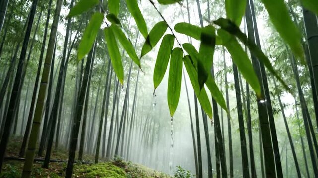 Serene bamboo forest with rain droplets falling from green leaves in misty morning light.