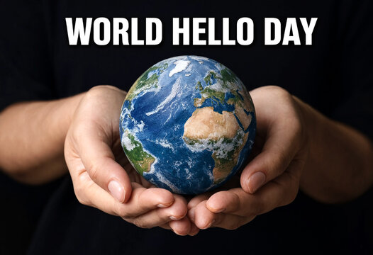 Hands gently holding a small globe representing world hello day and global unity concept
