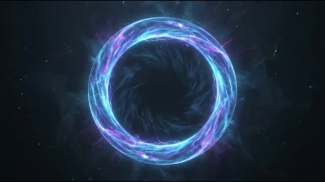 Blue glowing energy ring portal with electric sparks and nebula effects on black background