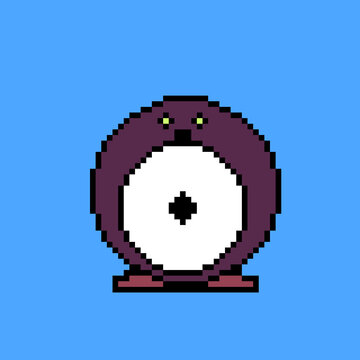 Pixel art dark purple round penguin character with white belly icon
