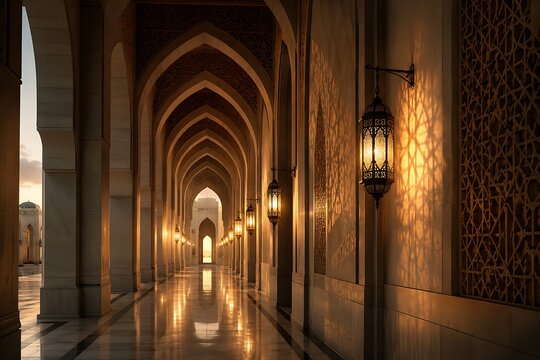 Long arched corridor with glowing lanterns and intricate Islamic architecture, leading to a bright light at the end, creating a serene and majestic atmosphere.