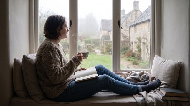 Woman relaxing on a window seat with tea on a rainy day