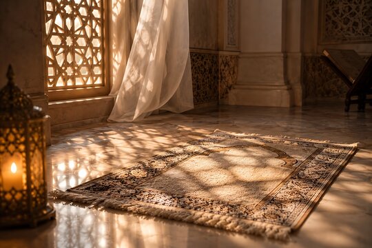 Serene prayer rug illuminated by sunlight filtering through an ornate window in a traditional mosque interior with a glowing lantern.