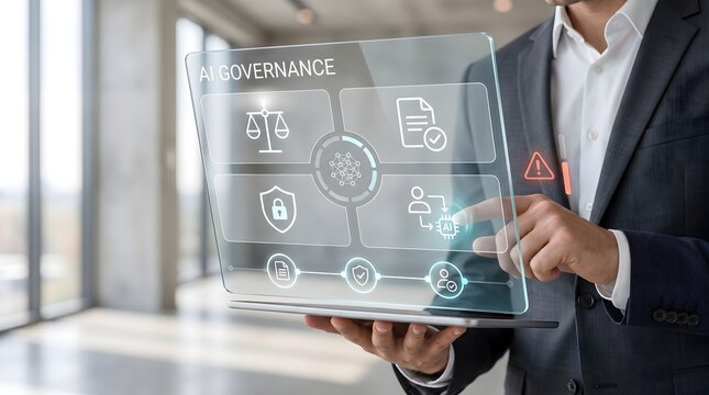 Artificial intelligence governance framework concept showing businessperson interacting with digital compliance and security dashboard