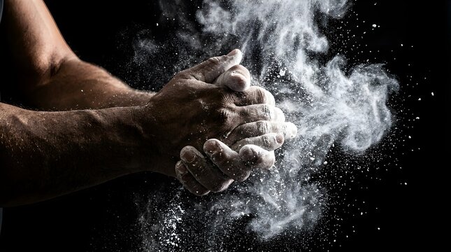 Athlete clapping hands with chalk powder creating dust clouds on black