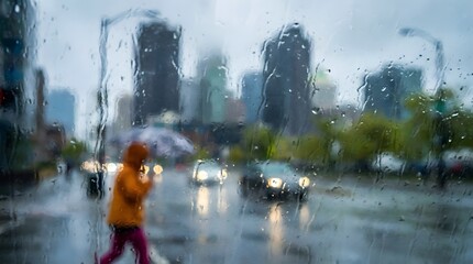 Fototapeta premium Rainy city street view with blurred pedestrian and reflections on wet pavement
