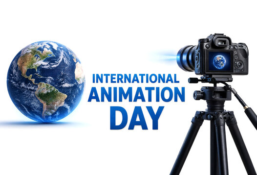 International animation day celebration with globe and professional camera setup creative concept