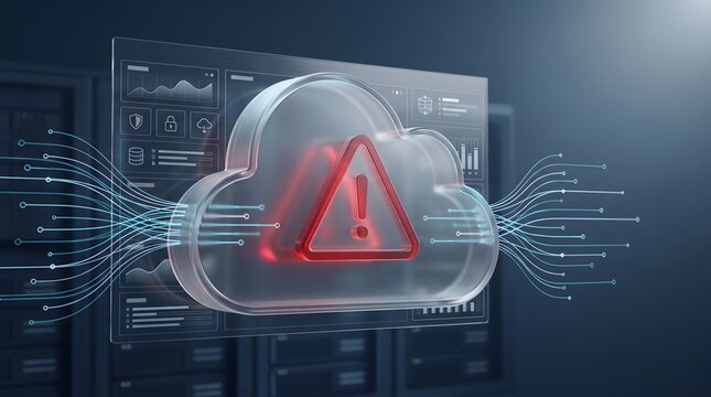 Cloud infrastructure warning concept showing glowing red alert triangle inside transparent cloud server network