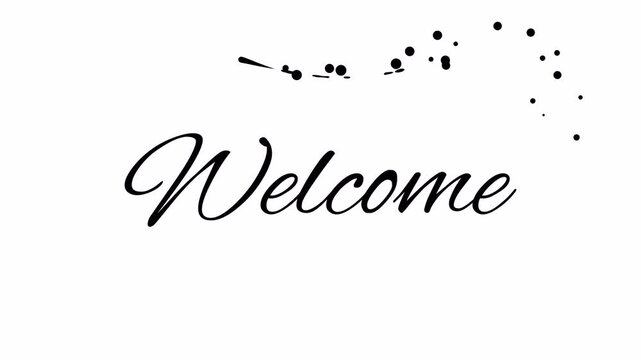 Elegant cursive welcome text animation featuring ink splatter effects and a thank you for joining us message on a white background ideal for vfx and alpha channel transparency
