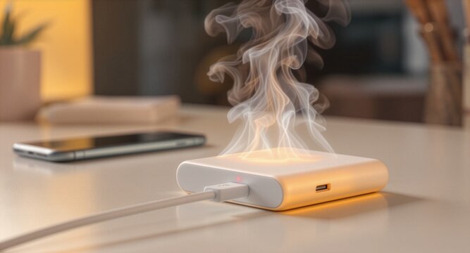 A white portable charger burns and emits heavy smoke on a table with a smartphone in the background, illustrating a dangerous electronics fire hazard, faulty lithium battery, and gadget malfunction.