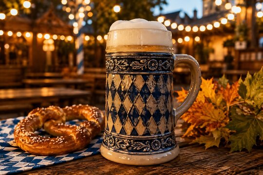 A traditional Bavarian beer stein filled with frothy beer, a salted pretzel, and autumn leaves on a checkered cloth in a festive outdoor beer garden with string lights.