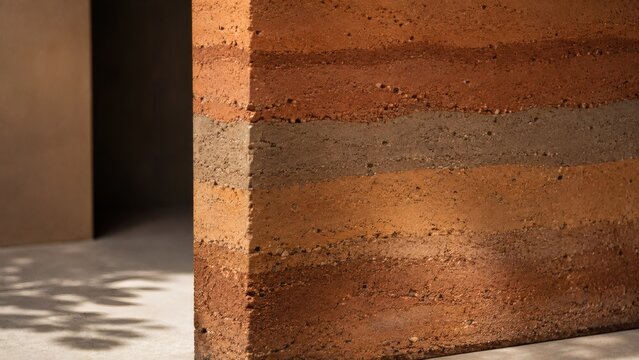 Monolithic Rammed Earth Architectural Block Showing Multicolored Sediment Strata