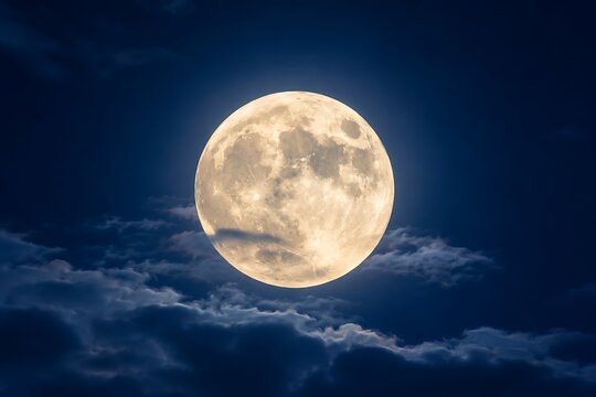 A full moon shines brightly in the dark night sky, partially obscured by wispy clouds.