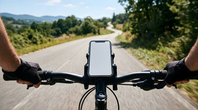 First-person view of a cyclist using a smartphone on a country road