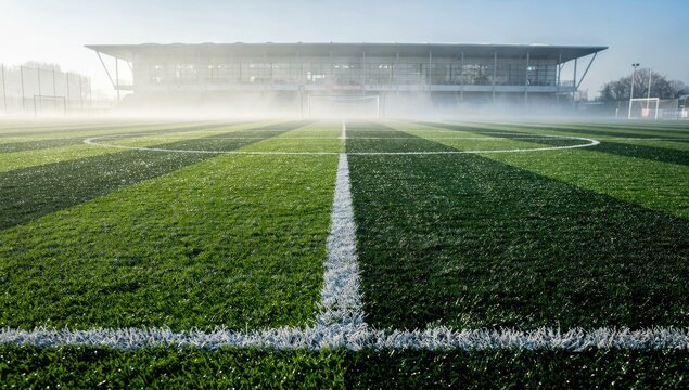 Low angle view of soccer field turf with white boundary line and stadium background on foggy morning