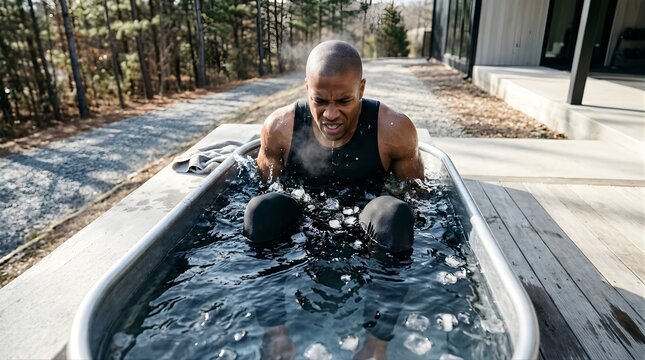 Focused athlete enduring ice bath therapy for muscle recovery outdoors