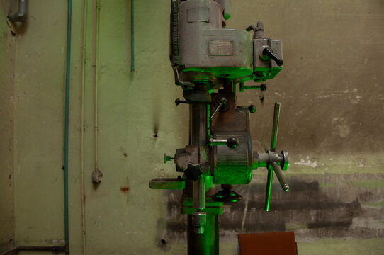 Abandoned old industrial textile research institute with laboratory chemistry glass, machinery workshop and factory hall