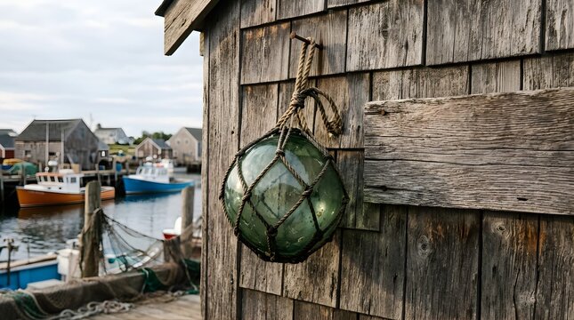 Glass fishing float hanging on rustic wooden wall at a scenic harbor