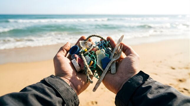Hands Holding Plastic Waste Found on Sandy Beach to Protect Environment