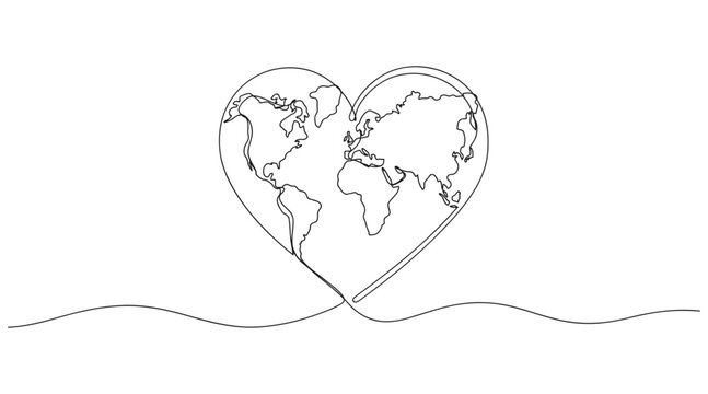 Global earth map shaped as heart continuous line minimalist vector art