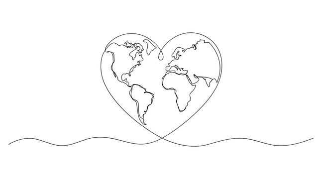 Heart shaped world map continuous line drawing ecology vector illustration