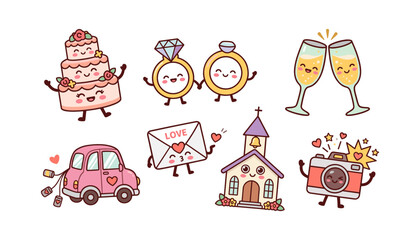 Fototapeta premium Cute Wedding Vector Icon Set with Kawaii Style Cake Rings Champagne Car Love Letter Church and Camera Characters for Romantic Party Invitations