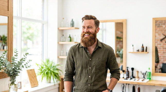 Bearded man smiling in a modern barbershop during World Beard Day  