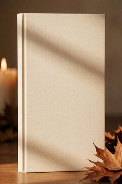 Vertical blank paper mockup with autumn leaves and warm light