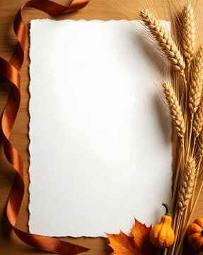 Rustic torn blank paper surrounded by autumn leaves and pumpkins