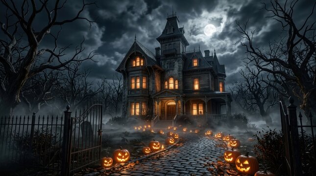 Creepy Spooky House Behind Iron Fence Path