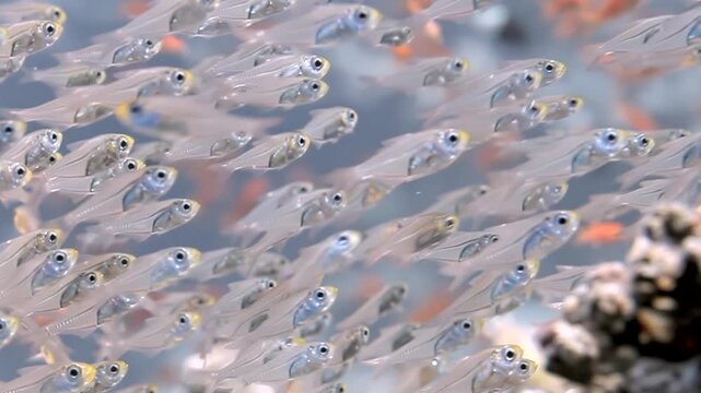 Watch a magnificent school of shimmering glassfish perform an aquatic dance. They elegantly move as one entity around colorful reef formations in sunlit, shallow ocean depths.