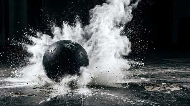Heavy medicine ball hitting floor creating white powder explosion splash