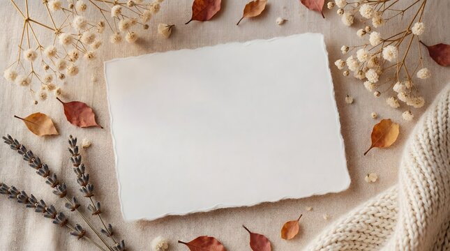 Horizontal blank paper surrounded by delicate autumn botanicals