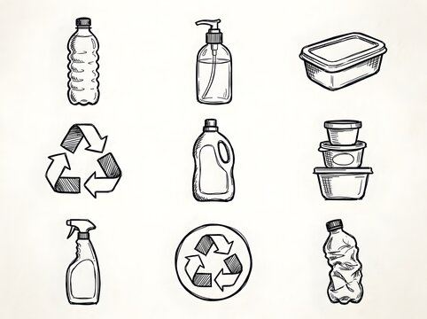 Hand drawn illustration set of plastic waste items and recycling symbols for environmental awareness campaigns and sustainable living projects on a white background