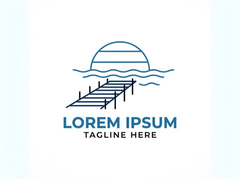 Minimalist line art logo design featuring a wooden pier extending into calm ocean waves under a rising sun for travel or coastal business branding