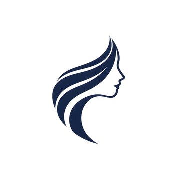 Minimalist vector logo of a woman face with flowing hair