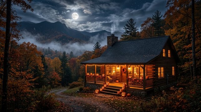 Cozy Cabin in Mountain Woods Under Moon