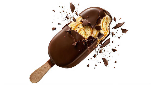 Chocolate covered ice cream bar with bite mark and crumbs isolated on transparent background