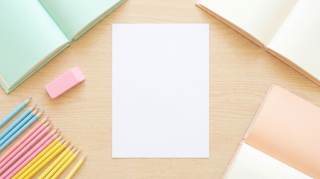 Top view overhead flat lay of blank white paper on light wooden desk with pastel school supplies