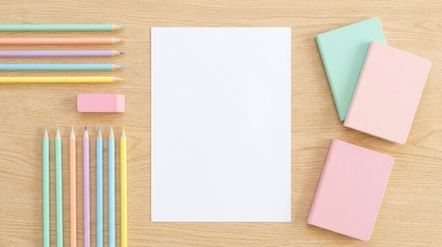 Top view overhead flat lay of blank white paper on light wooden desk with pastel school supplies