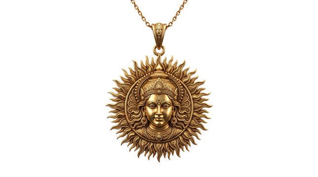 Gold sun god surya pendant necklace isolated on transparent background