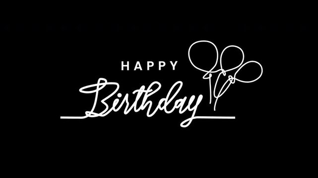 Happy birthday text animation continuous one line style. 4k animated typography with three floating balloons, suitable for social media posts, invitations, and decorations.