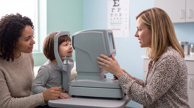 Ophthalmologist examining a child's eyes using an autorefractor during a vision test, with the mother sitting alongside in a medical clinic. Concept of pediatric eye care, optometry, child health.