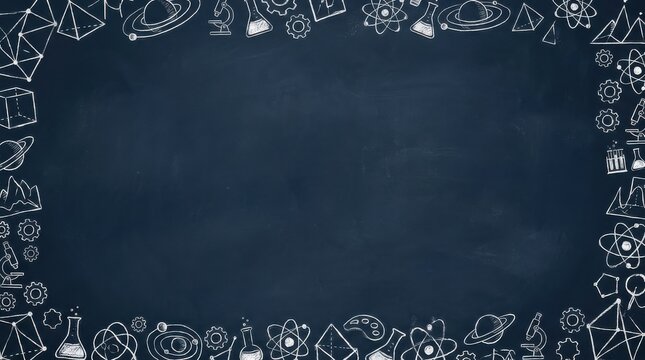 Blank flat navy blue chalkboard texture background with hand drawn science chalk doodles
