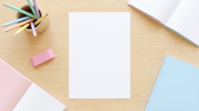 Top view overhead flat lay of blank white paper on light wooden desk with pastel school supplies