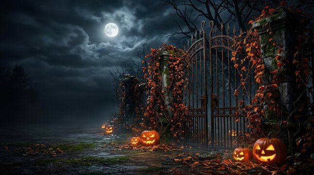 Spooky Iron Gate Covered in Autumn Leaves