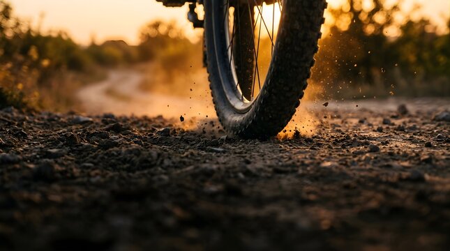Mountain bike wheel kicks up dust on a trail during golden hour sunset