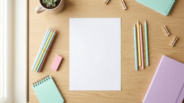 Top view overhead flat lay of blank white paper on light wooden desk with pastel school supplies