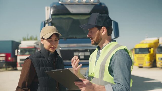 Man and woman reviewing checklist on clipboard in freight yard near trucks. Wearing work vests and caps. People focused on documentation. Coordinating delivery.